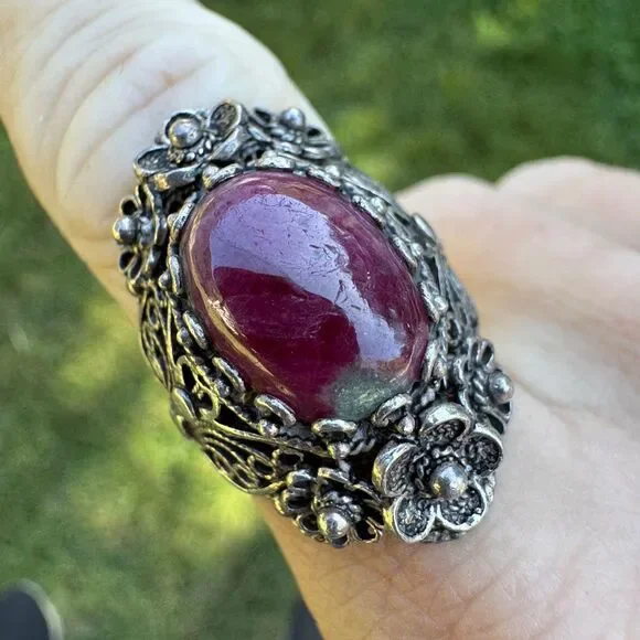 Vintage Sterling Silver Filigree Ring Size 8.5 DGS 925 Turkey Ruby Zoisite Cab